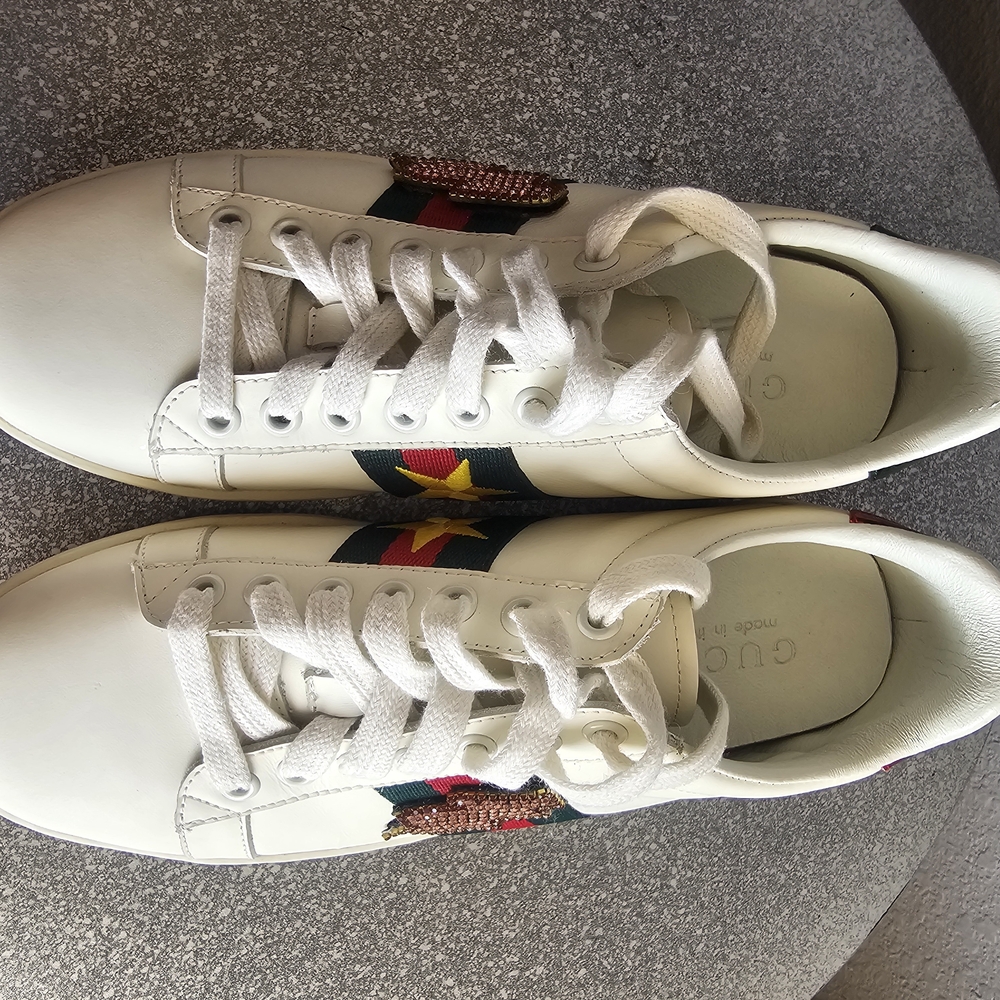 Gucci White Sneakers with Red, Green, and Yellow Details